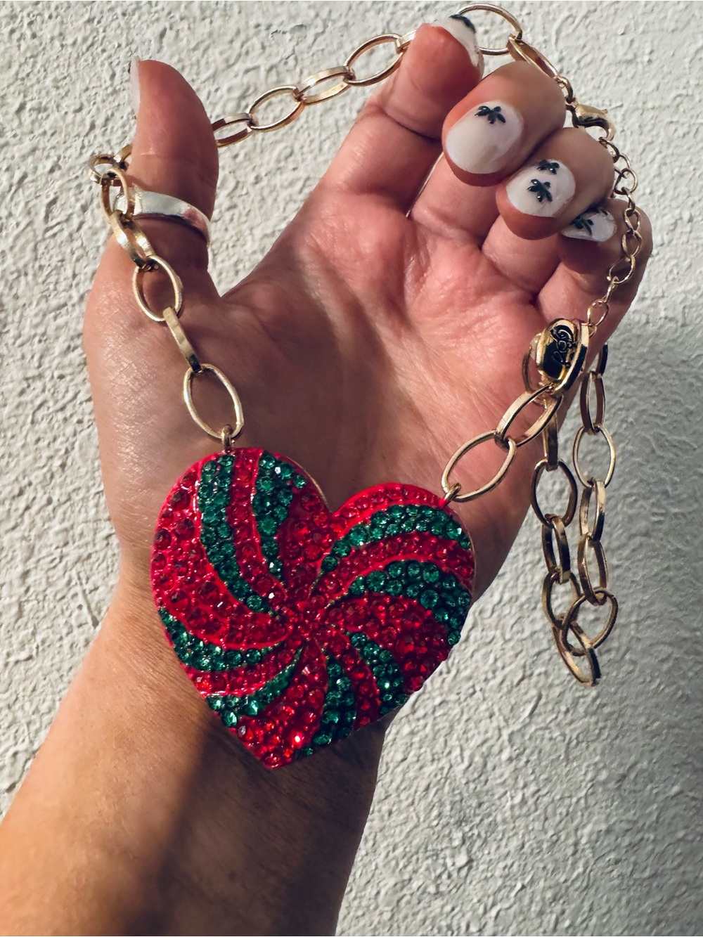 Betsey Johnson Gold Chain small Necklace with Red & Green Crystal Heart Pendant